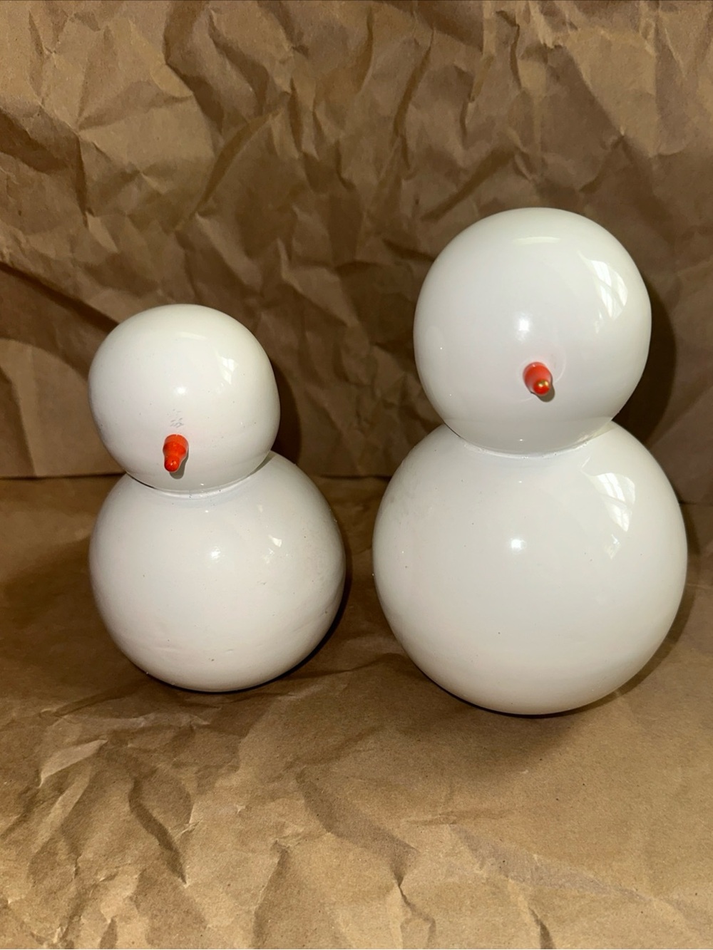 West Elm White glass/Lacquer 5” & 6”Snowman Figurines - Set of 2
